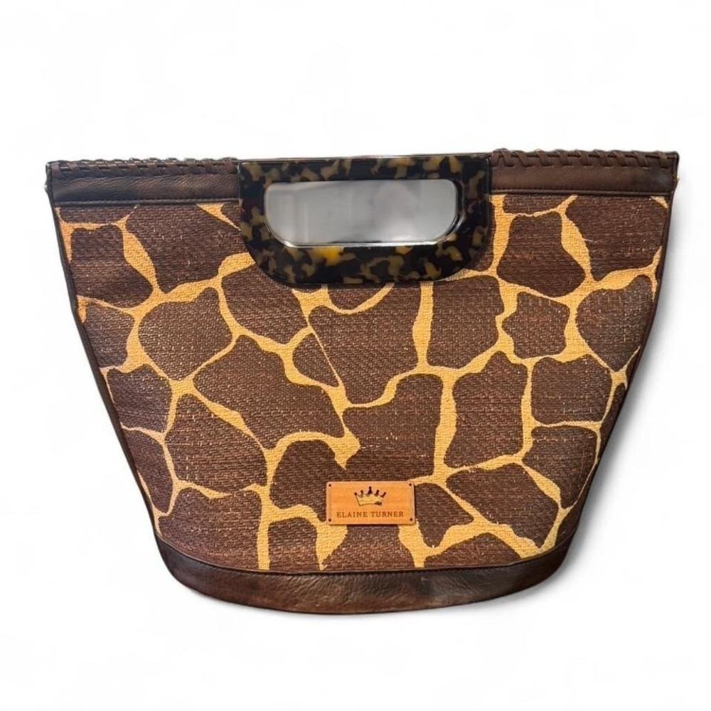 Elaine Turner handbag purse giraffe print, tortoiseshell handle, red‎ interior